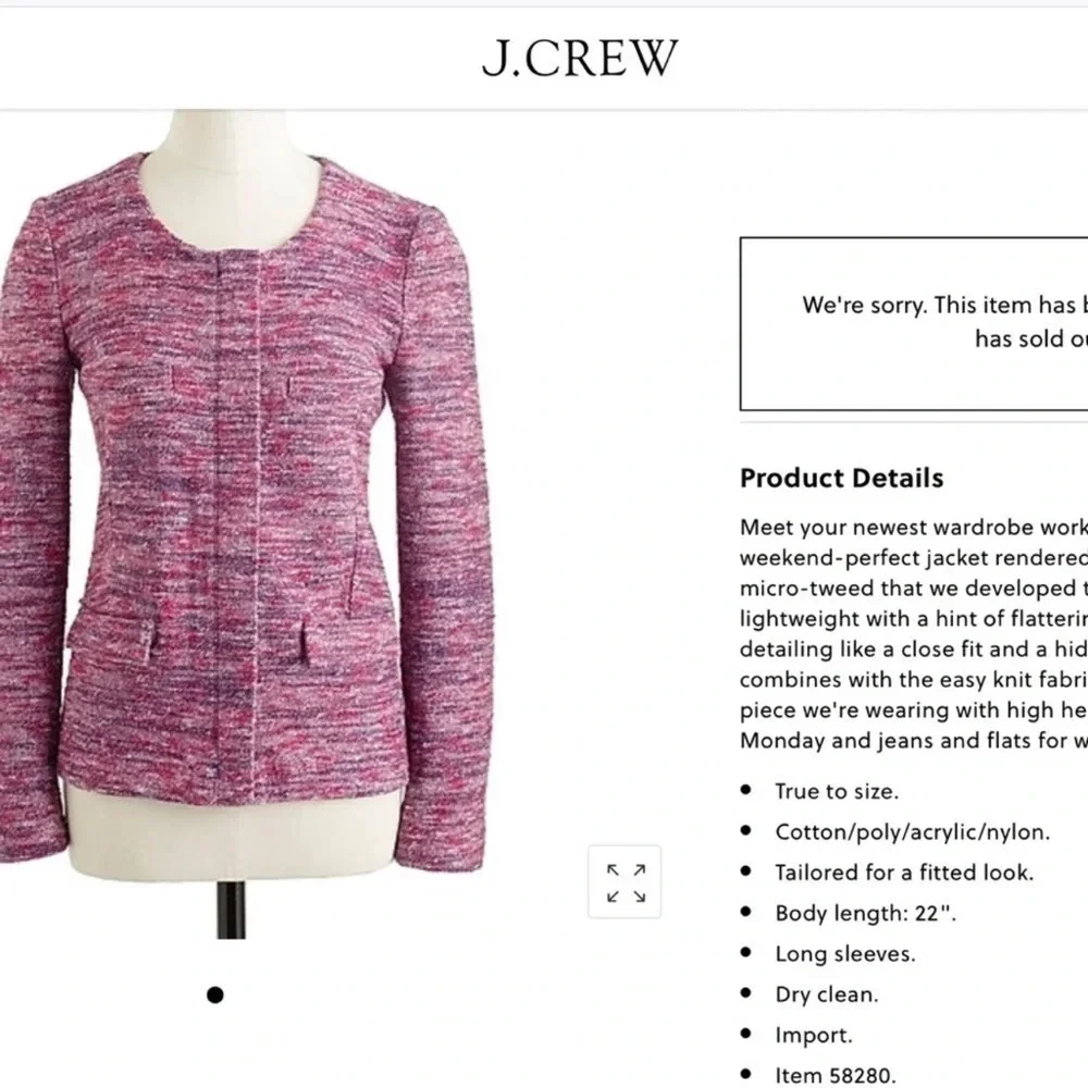 J. Crew Poppy Micro Tweed Jacket Size Medium Pink Purple Two Way Zip Pockets